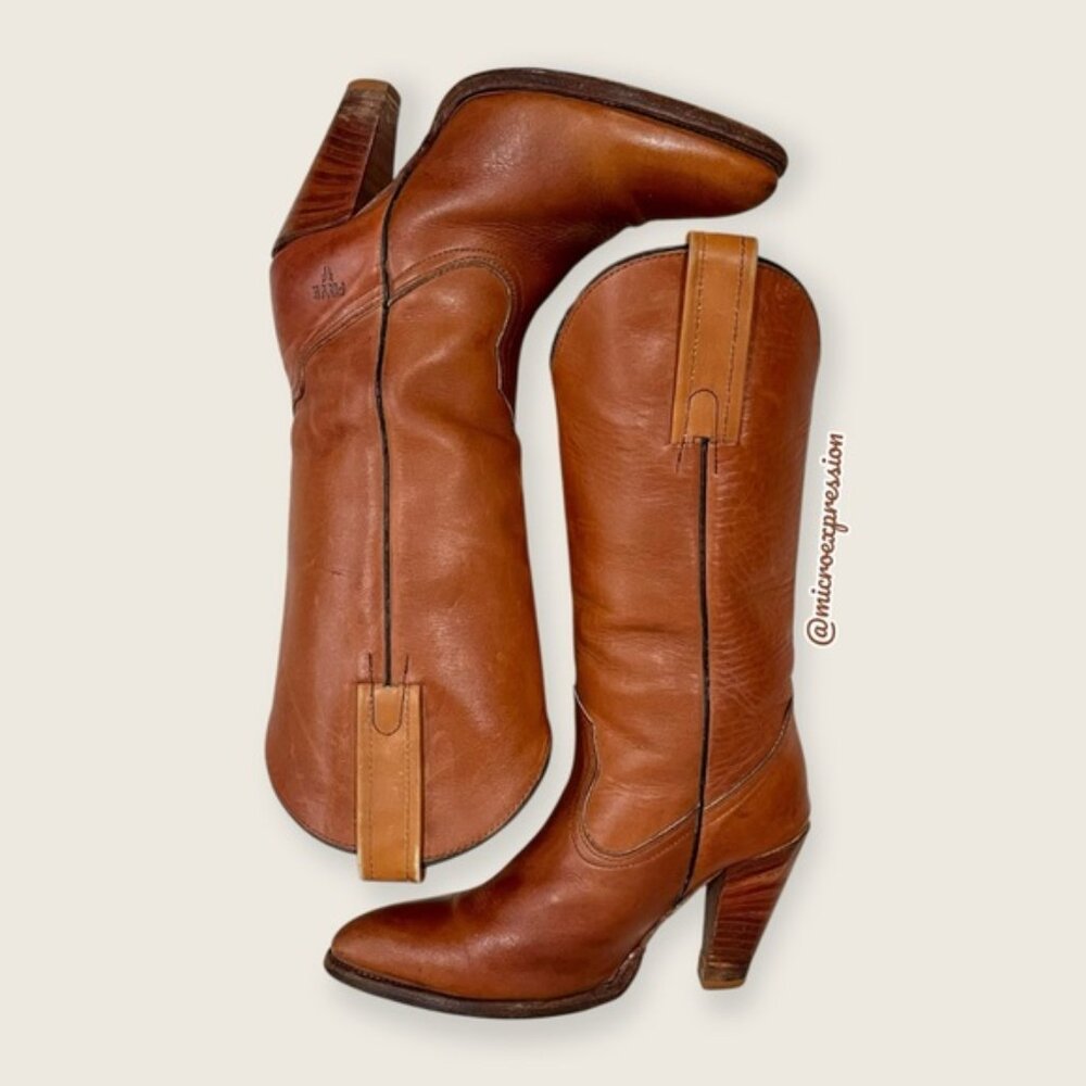 1980s VINTAGE Frye Leather Cognac Brown Embroidered Cowboy Heeled Western Boot